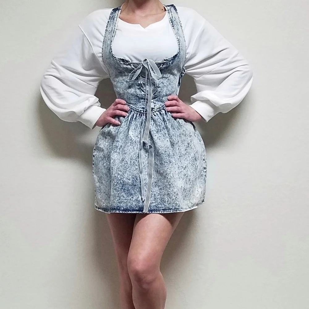 80s Vintage Amy Too Byer California Acid Wash Cotton Lace-up Mini Skater Dress S - Picture 2 of 16